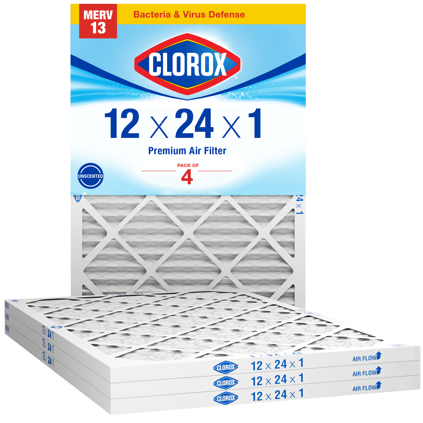 Clorox 12x24x1 Air Filter, Premium Pleated Furnace Filters