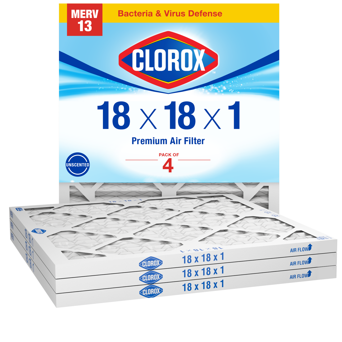 Clorox 18x18x1 Air Filter, Premium Pleated Furnace Filters